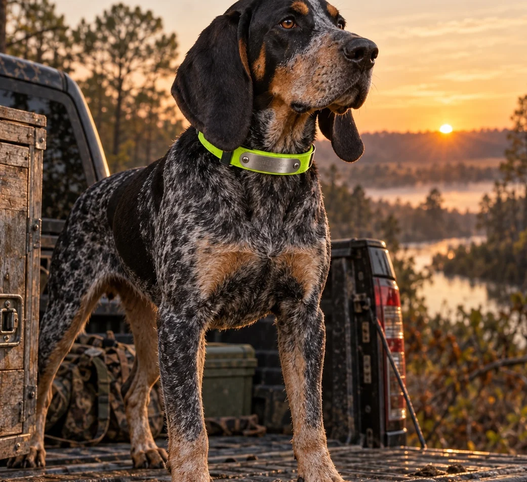 Hunting hound wearing a bright Nix Legacy dog collar